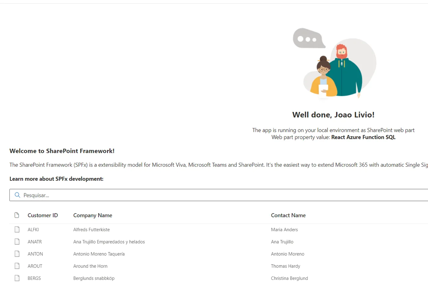 A web part Northwind a mostrar dados devolvidos por uma Azure Function App, dentro de uma página de SharePoint