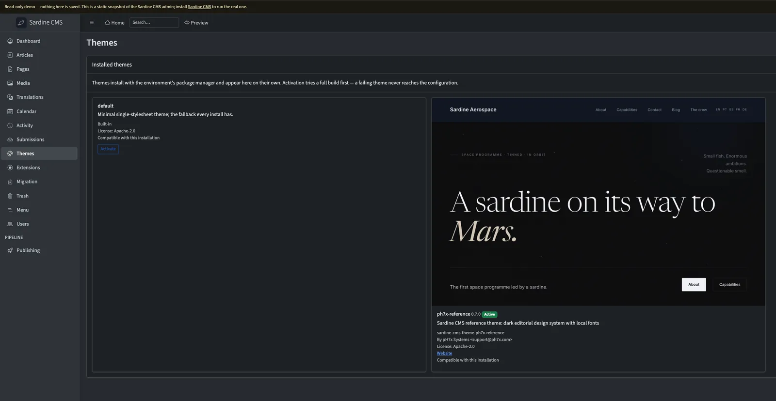 The Sardine CMS admin panel: the Themes screen, with installed themes, their compatibility verdict and the active reference theme